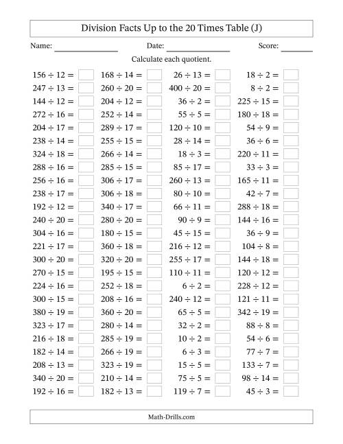 The Horizontally Arranged Division Facts Up to the 20 Times Table (100 Questions) (J) Math Worksheet