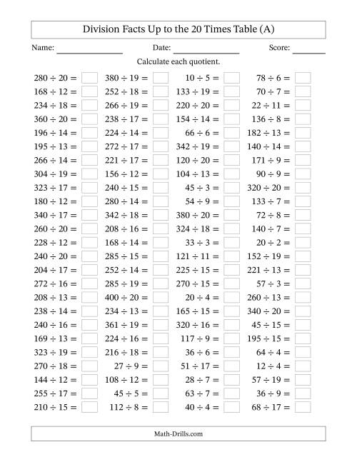 The Horizontally Arranged Division Facts Up to the 20 Times Table (100 Questions) (All) Math Worksheet