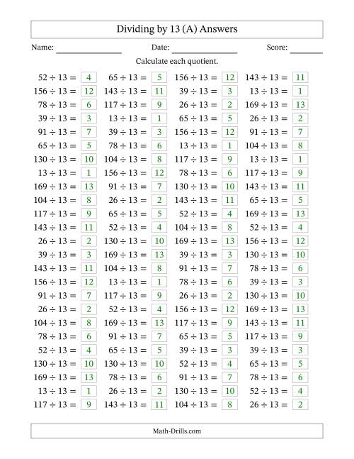 The Horizontally Arranged Dividing by 13 with Quotients 1 to 13 (100 Questions) (A) Math Worksheet Page 2