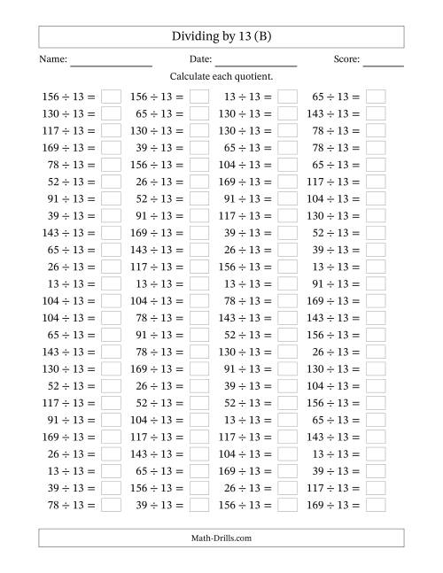 The Horizontally Arranged Dividing by 13 with Quotients 1 to 13 (100 Questions) (B) Math Worksheet
