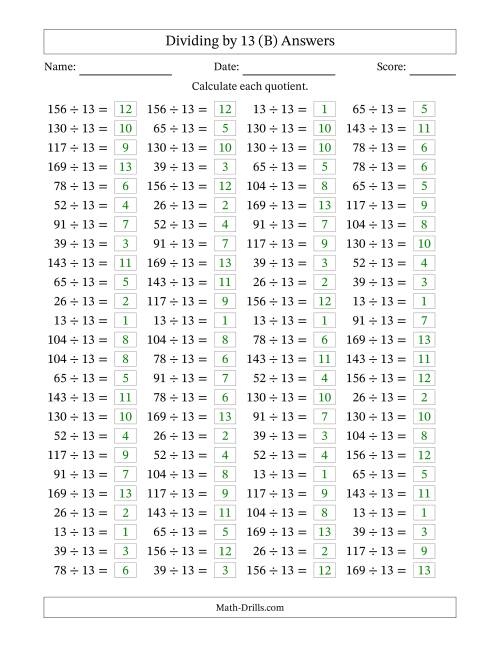 The Horizontally Arranged Dividing by 13 with Quotients 1 to 13 (100 Questions) (B) Math Worksheet Page 2