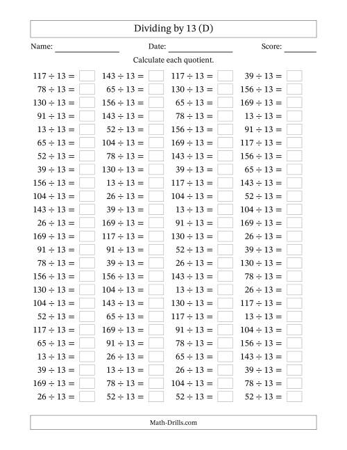 The Horizontally Arranged Dividing by 13 with Quotients 1 to 13 (100 Questions) (D) Math Worksheet