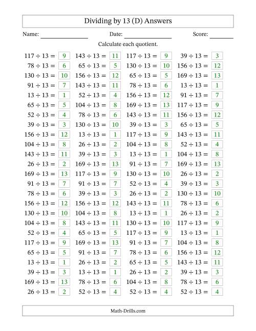 The Horizontally Arranged Dividing by 13 with Quotients 1 to 13 (100 Questions) (D) Math Worksheet Page 2