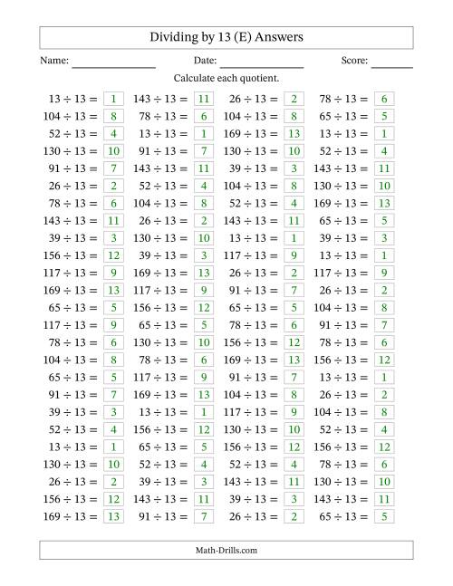 The Horizontally Arranged Dividing by 13 with Quotients 1 to 13 (100 Questions) (E) Math Worksheet Page 2
