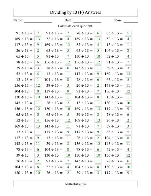 The Horizontally Arranged Dividing by 13 with Quotients 1 to 13 (100 Questions) (F) Math Worksheet Page 2