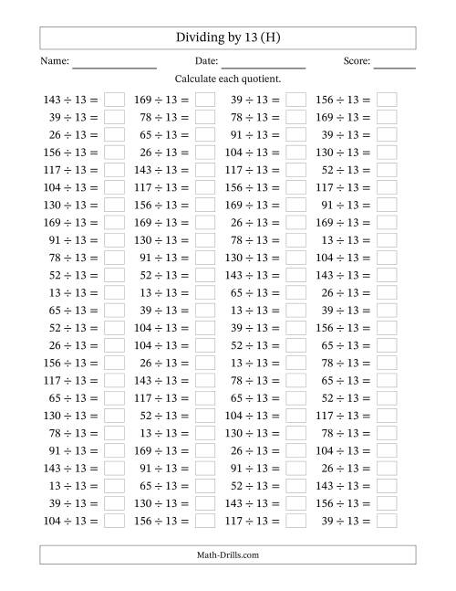 The Horizontally Arranged Dividing by 13 with Quotients 1 to 13 (100 Questions) (H) Math Worksheet