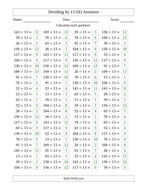 The Horizontally Arranged Dividing by 13 with Quotients 1 to 13 (100 Questions) (H) Math Worksheet Page 2