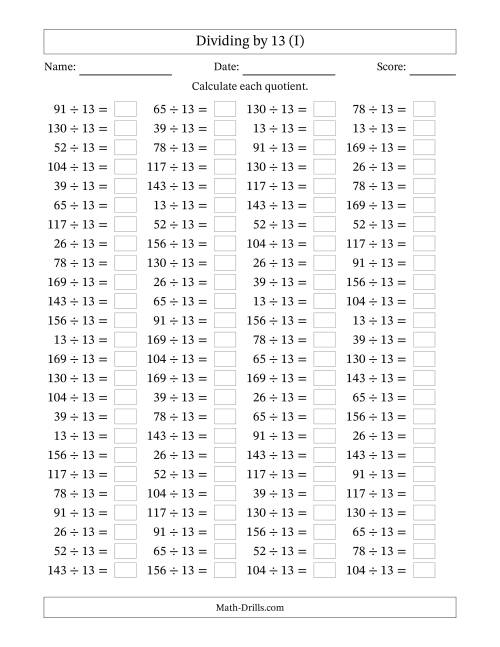 The Horizontally Arranged Dividing by 13 with Quotients 1 to 13 (100 Questions) (I) Math Worksheet