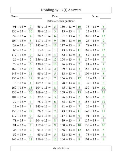 The Horizontally Arranged Dividing by 13 with Quotients 1 to 13 (100 Questions) (I) Math Worksheet Page 2