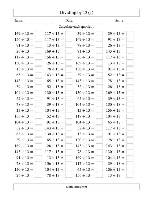 The Horizontally Arranged Dividing by 13 with Quotients 1 to 13 (100 Questions) (J) Math Worksheet