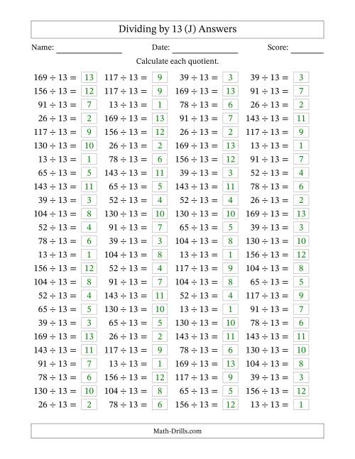 The Horizontally Arranged Dividing by 13 with Quotients 1 to 13 (100 Questions) (J) Math Worksheet Page 2
