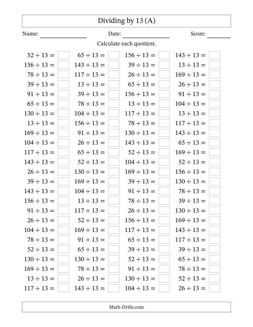 The Horizontally Arranged Dividing by 13 with Quotients 1 to 13 (100 Questions) (All) Math Worksheet