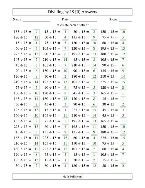 The Horizontally Arranged Dividing by 15 with Quotients 1 to 15 (100 Questions) (B) Math Worksheet Page 2