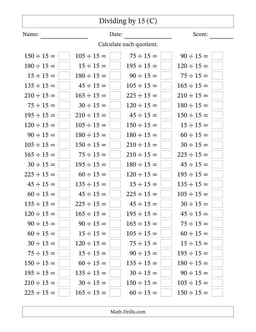 The Horizontally Arranged Dividing by 15 with Quotients 1 to 15 (100 Questions) (C) Math Worksheet