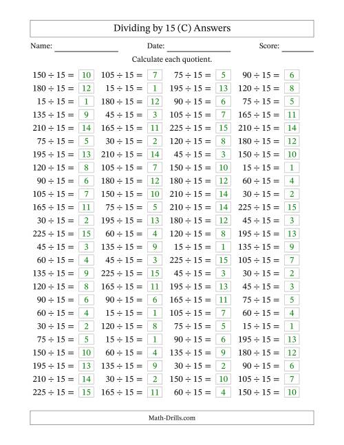 The Horizontally Arranged Dividing by 15 with Quotients 1 to 15 (100 Questions) (C) Math Worksheet Page 2