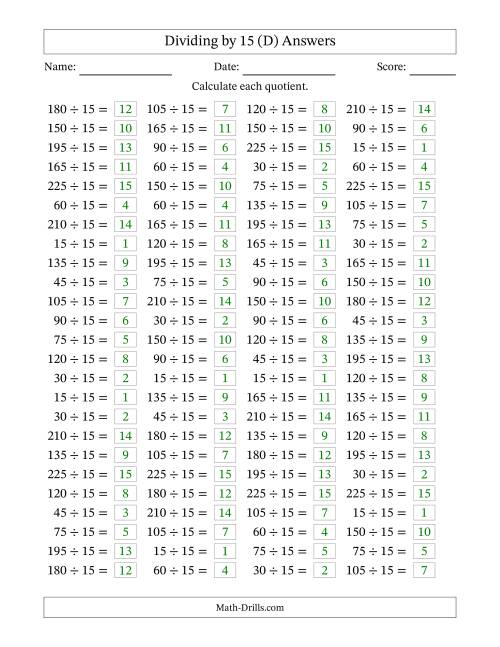 The Horizontally Arranged Dividing by 15 with Quotients 1 to 15 (100 Questions) (D) Math Worksheet Page 2