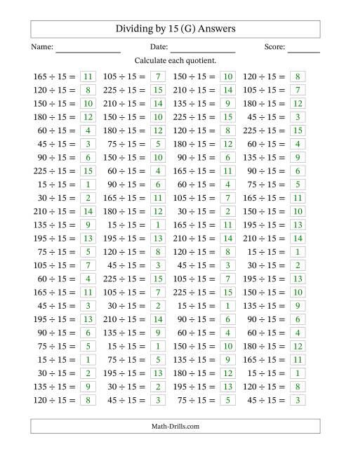 The Horizontally Arranged Dividing by 15 with Quotients 1 to 15 (100 Questions) (G) Math Worksheet Page 2