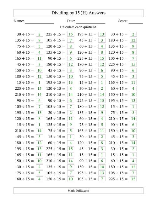 The Horizontally Arranged Dividing by 15 with Quotients 1 to 15 (100 Questions) (H) Math Worksheet Page 2