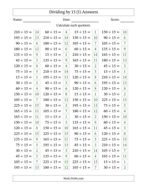 The Horizontally Arranged Dividing by 15 with Quotients 1 to 15 (100 Questions) (I) Math Worksheet Page 2