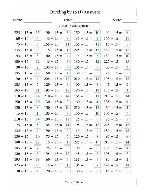 The Horizontally Arranged Dividing by 15 with Quotients 1 to 15 (100 Questions) (J) Math Worksheet Page 2