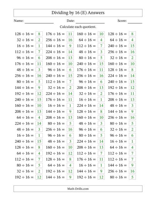 The Horizontally Arranged Dividing by 16 with Quotients 1 to 16 (100 Questions) (E) Math Worksheet Page 2