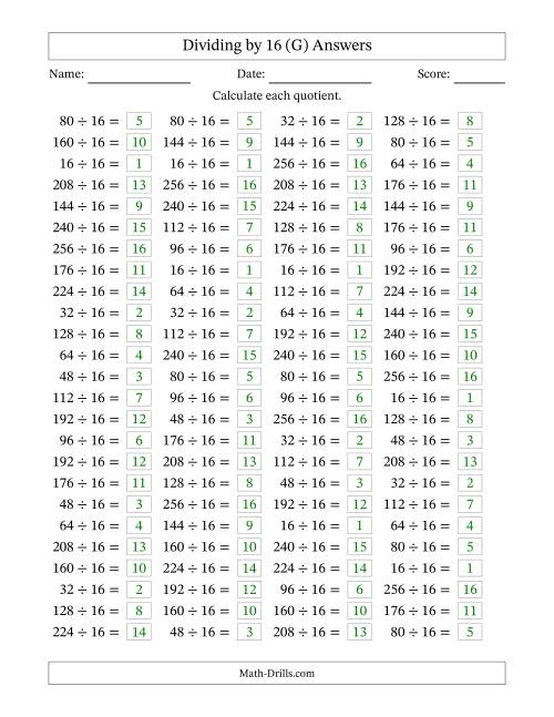 The Horizontally Arranged Dividing by 16 with Quotients 1 to 16 (100 Questions) (G) Math Worksheet Page 2