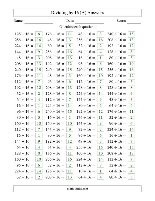 The Horizontally Arranged Dividing by 16 with Quotients 1 to 16 (100 Questions) (All) Math Worksheet Page 2