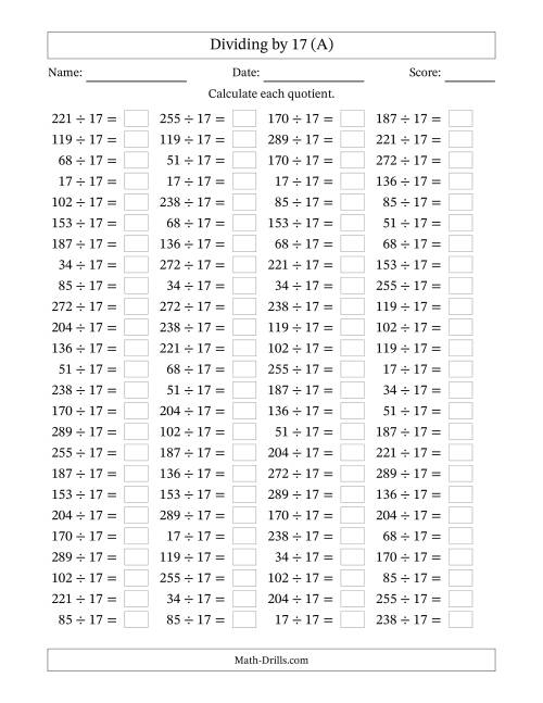 The Horizontally Arranged Dividing by 17 with Quotients 1 to 17 (100 Questions) (A) Math Worksheet