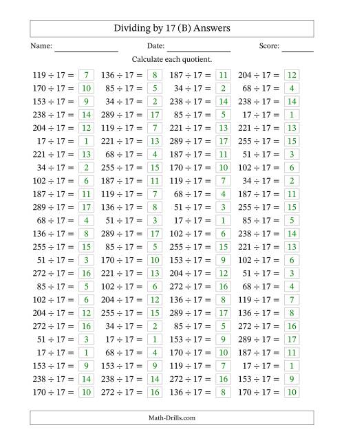 The Horizontally Arranged Dividing by 17 with Quotients 1 to 17 (100 Questions) (B) Math Worksheet Page 2
