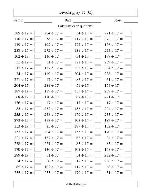 The Horizontally Arranged Dividing by 17 with Quotients 1 to 17 (100 Questions) (C) Math Worksheet