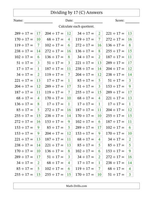 The Horizontally Arranged Dividing by 17 with Quotients 1 to 17 (100 Questions) (C) Math Worksheet Page 2