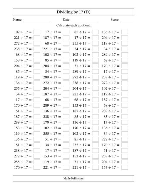 The Horizontally Arranged Dividing by 17 with Quotients 1 to 17 (100 Questions) (D) Math Worksheet