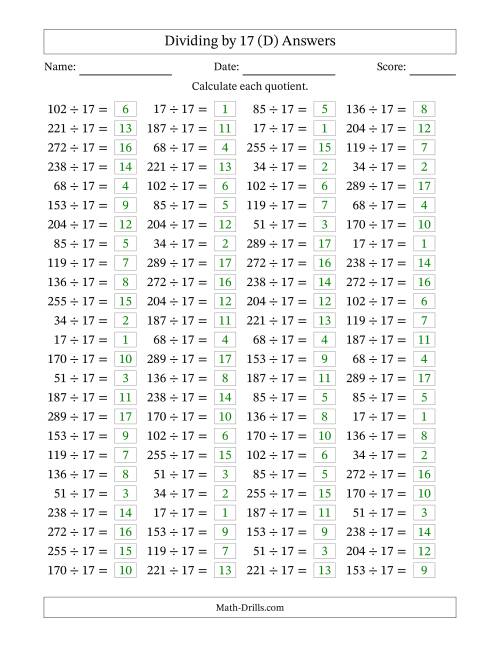 The Horizontally Arranged Dividing by 17 with Quotients 1 to 17 (100 Questions) (D) Math Worksheet Page 2