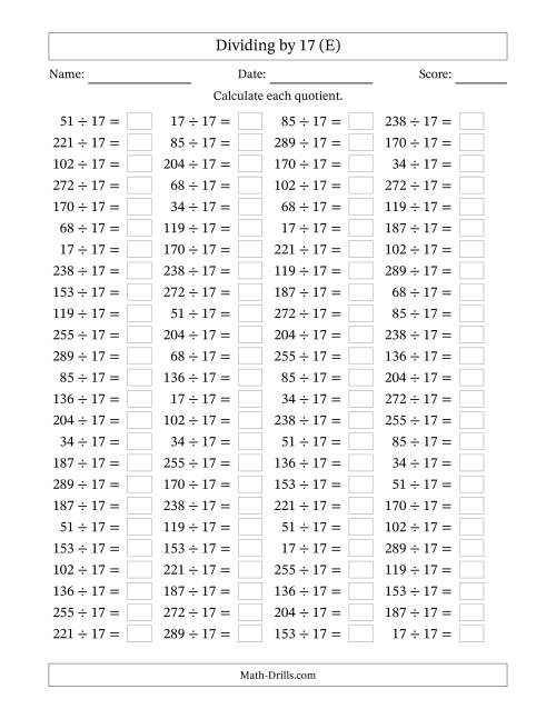 The Horizontally Arranged Dividing by 17 with Quotients 1 to 17 (100 Questions) (E) Math Worksheet