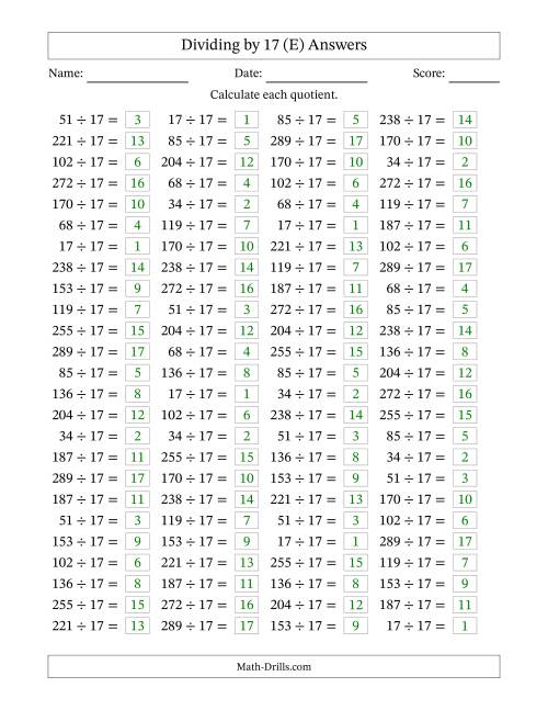 The Horizontally Arranged Dividing by 17 with Quotients 1 to 17 (100 Questions) (E) Math Worksheet Page 2