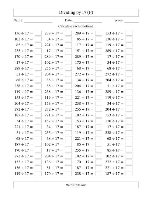 The Horizontally Arranged Dividing by 17 with Quotients 1 to 17 (100 Questions) (F) Math Worksheet