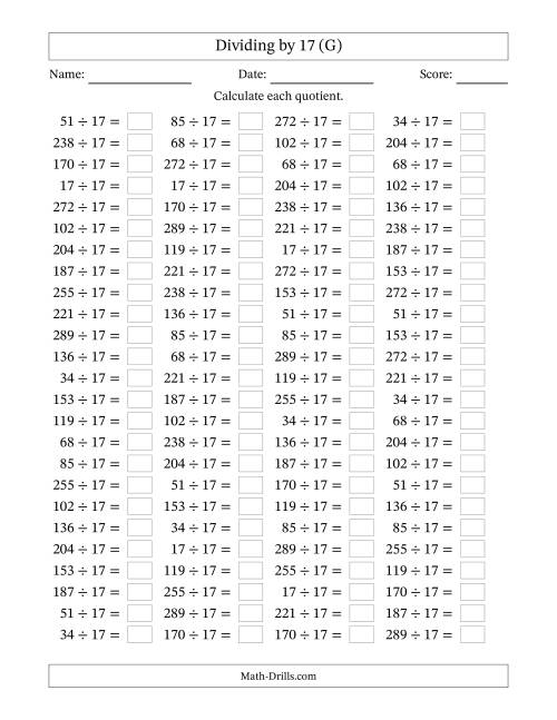 The Horizontally Arranged Dividing by 17 with Quotients 1 to 17 (100 Questions) (G) Math Worksheet