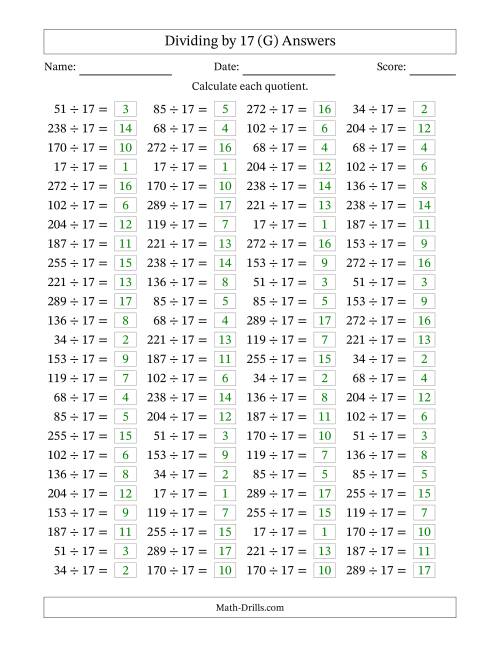 The Horizontally Arranged Dividing by 17 with Quotients 1 to 17 (100 Questions) (G) Math Worksheet Page 2