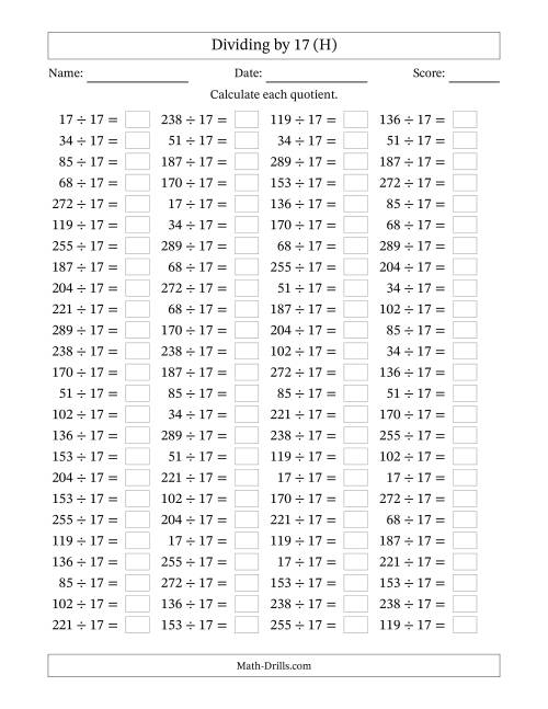 The Horizontally Arranged Dividing by 17 with Quotients 1 to 17 (100 Questions) (H) Math Worksheet