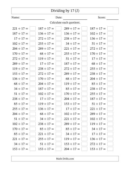 The Horizontally Arranged Dividing by 17 with Quotients 1 to 17 (100 Questions) (J) Math Worksheet