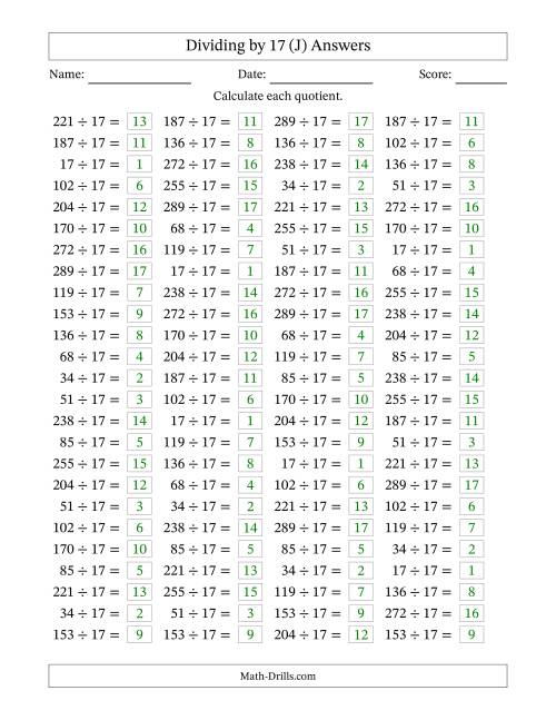 The Horizontally Arranged Dividing by 17 with Quotients 1 to 17 (100 Questions) (J) Math Worksheet Page 2