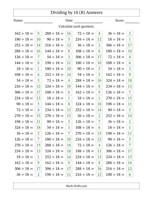 The Horizontally Arranged Dividing by 18 with Quotients 1 to 18 (100 Questions) (B) Math Worksheet Page 2