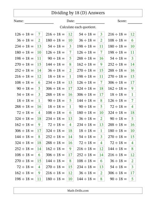The Horizontally Arranged Dividing by 18 with Quotients 1 to 18 (100 Questions) (D) Math Worksheet Page 2