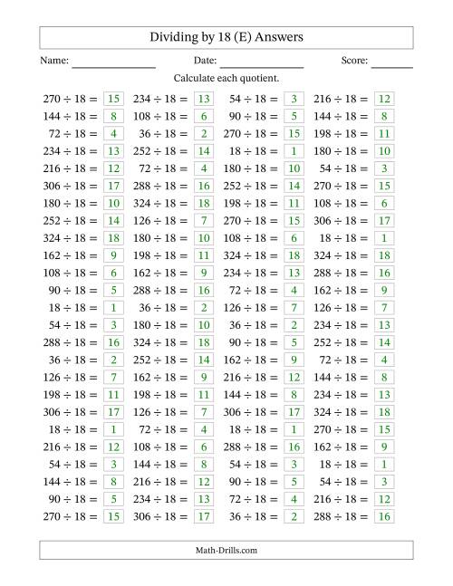 The Horizontally Arranged Dividing by 18 with Quotients 1 to 18 (100 Questions) (E) Math Worksheet Page 2