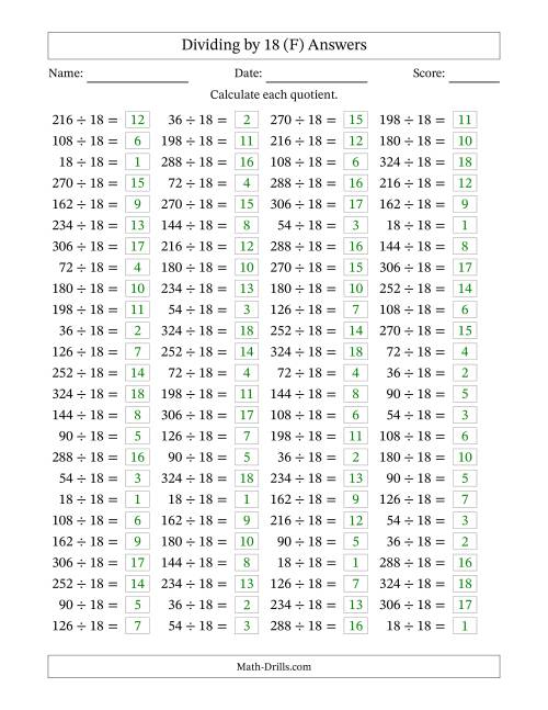 The Horizontally Arranged Dividing by 18 with Quotients 1 to 18 (100 Questions) (F) Math Worksheet Page 2