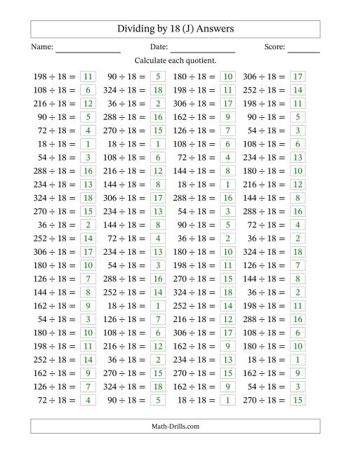 The Horizontally Arranged Dividing by 18 with Quotients 1 to 18 (100 Questions) (J) Math Worksheet Page 2