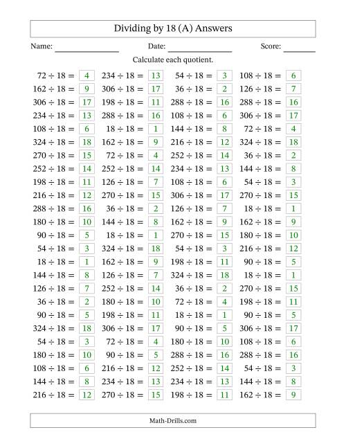 The Horizontally Arranged Dividing by 18 with Quotients 1 to 18 (100 Questions) (All) Math Worksheet Page 2