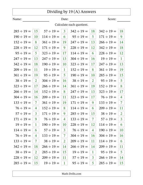 The Horizontally Arranged Dividing by 19 with Quotients 1 to 19 (100 Questions) (A) Math Worksheet Page 2
