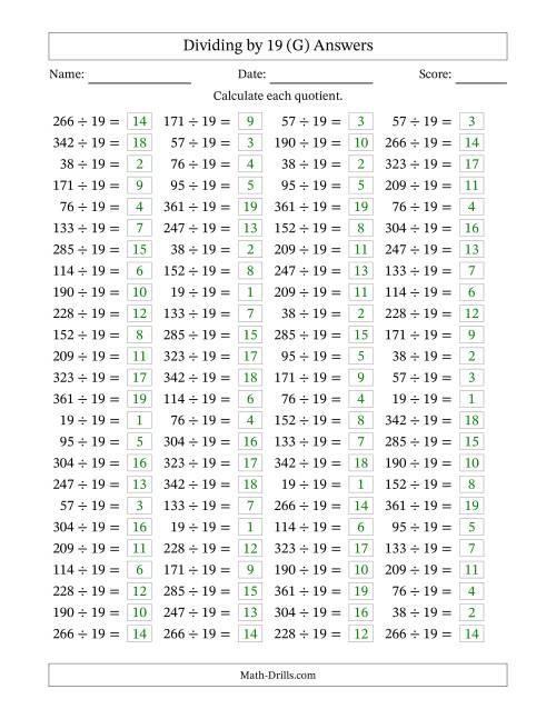 The Horizontally Arranged Dividing by 19 with Quotients 1 to 19 (100 Questions) (G) Math Worksheet Page 2