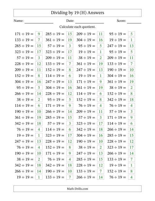 The Horizontally Arranged Dividing by 19 with Quotients 1 to 19 (100 Questions) (H) Math Worksheet Page 2